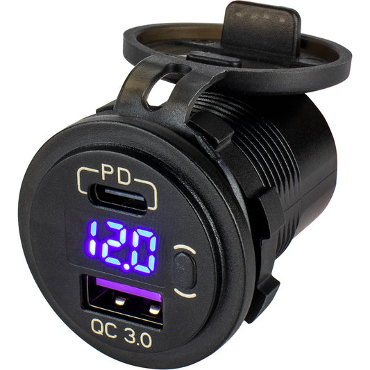 Sea-Dog Round USB USB-C Power Socket w/Hidden Voltmeter